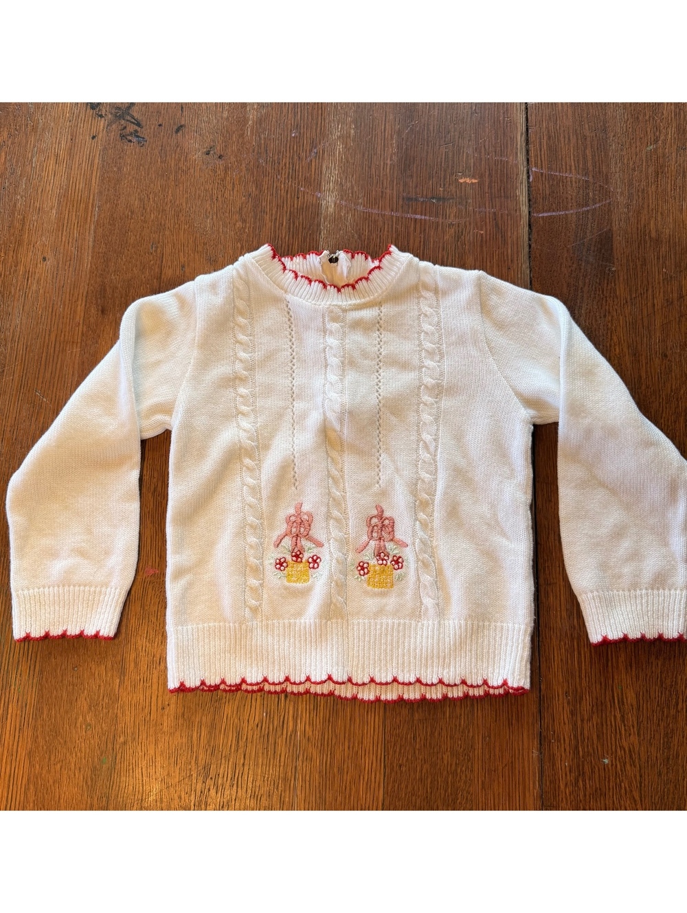2T Vintage kids White Knit Sweater with Pink and Yellow Embroidery for Kids